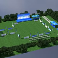 Outdoor Event Entrance With Green Lawn Blue Tents Seating And Tree Surroundings