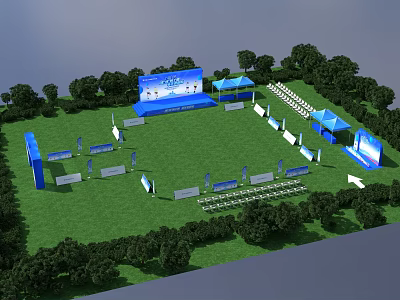 Outdoor Event Entrance With Green Lawn Blue Tents Seating And Tree Surroundings 3d model