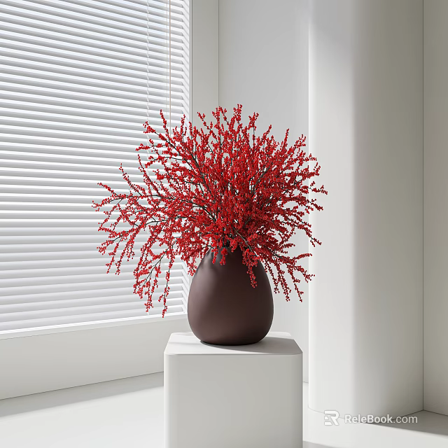 Brown Ceramic Vase With Red Flowers On White Pedestal By Window Blinds 3d model 