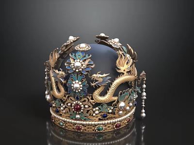 Ornate Traditional Hat Featuring Dragon Design Floral Patterns And Jeweled Embellishments 3d model