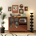 Wooden Sideboard With Glass Doors Microwave Wine Bottles And Wall Art
