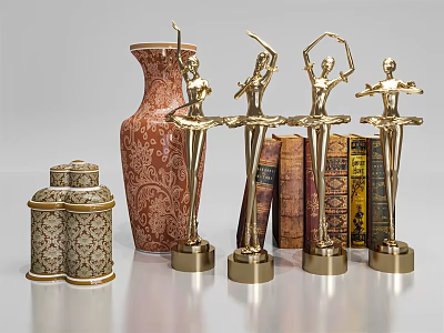 Elegant Decorative Ornament Set With Golden Ballerina Figurines Red Patterned Vase And Decorative Jars 3d model
