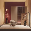 Middle Ancient Style Furniture Studio Begonia Pattern Glass Screen Partition Fabric Single Sofa Wooden Partition Wooden Side 3d model