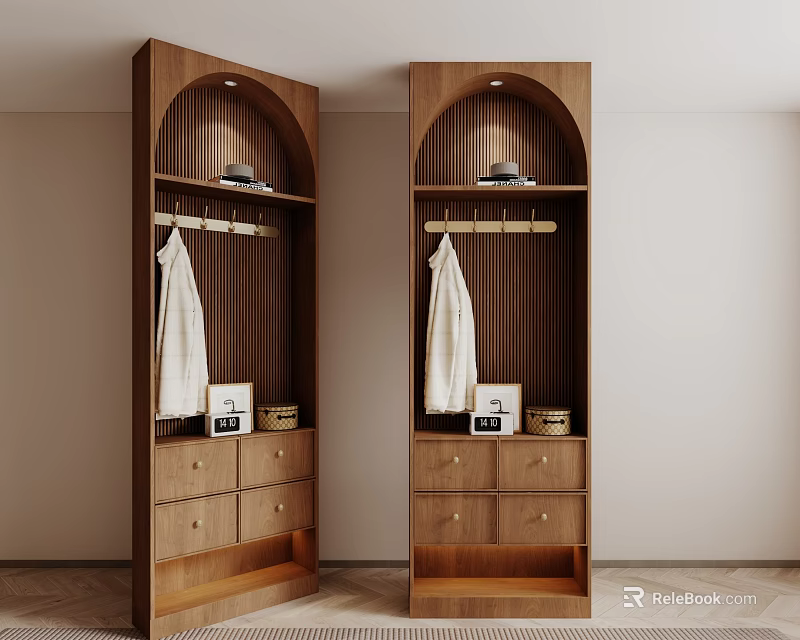 Wooden Entryway Side Cabinets With Arched Top Hanging Rods And Storage Drawers 3d model 