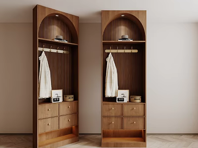 Wooden Entryway Side Cabinets With Arched Top Hanging Rods And Storage Drawers 3d model