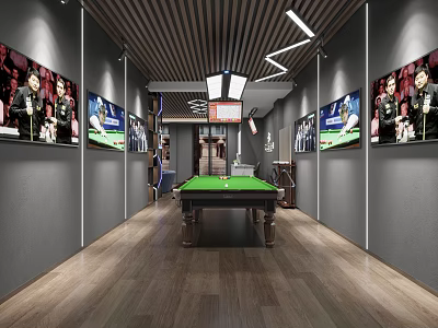 Modern Billiard Room Interior Design With Green Pool Table Wooden Flooring And Wall Posters 3d model