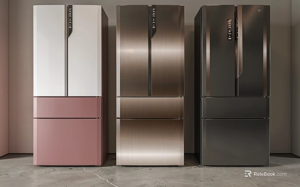 Modern Multi Colored Refrigerators With Double Doors And Bottom Drawers In Contemporary Kitchen Setting 3d model 