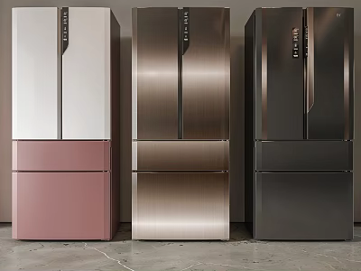 Modern Multi Colored Refrigerators With Double Doors And Bottom Drawers In Contemporary Kitchen Setting 3d model