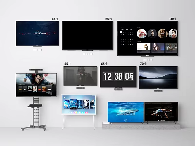 Multiple Modern TVs Featuring Various Display Contents And Different Stand Designs 3d model