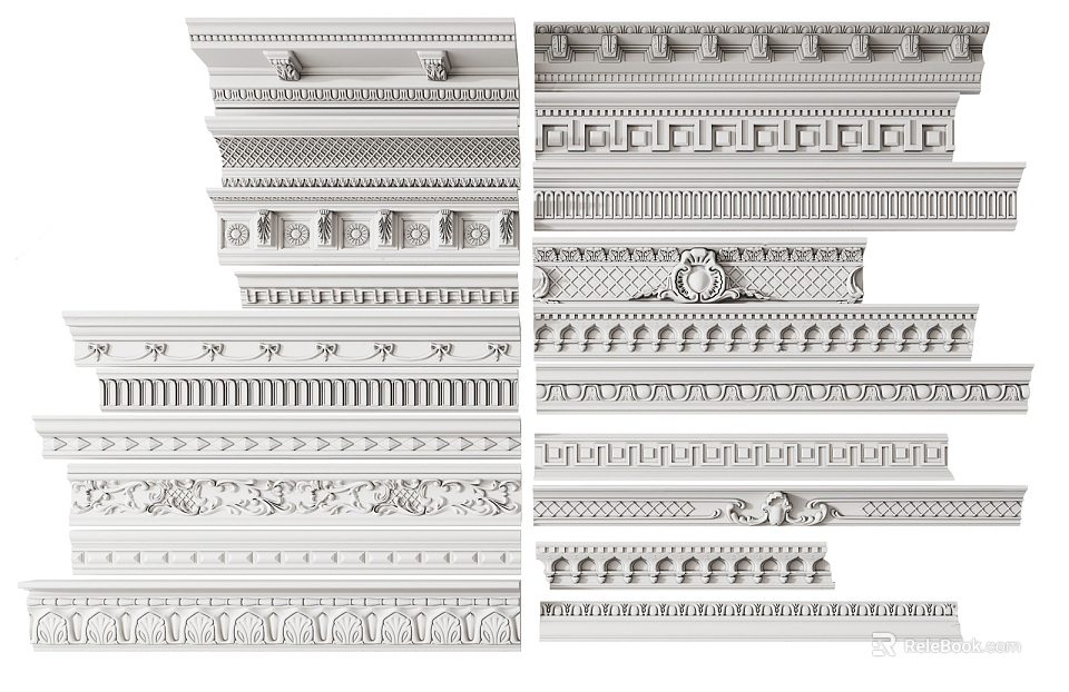Crown Molding With Various Decorative Designs Ornate Patterns And Intricate Textures 3d model 