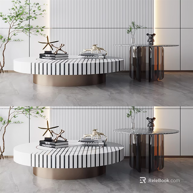 Modern Interior Coffee Table With Striped Surface Metal Base And Decorative Plants 3d model