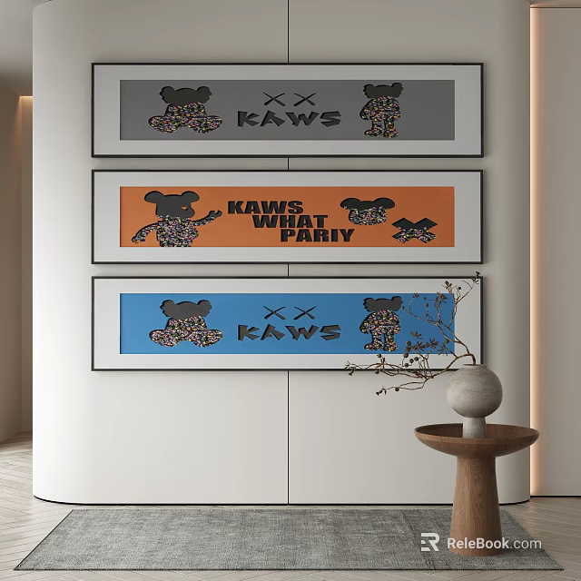KAWS Abstract Paintings With WHAT PARTY Text And Colorful Cartoon Figures Wall Art 3d model 