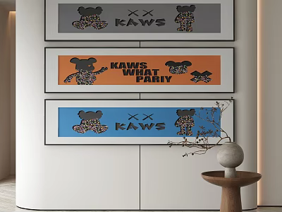 KAWS Abstract Paintings With WHAT PARTY Text And Colorful Cartoon Figures Wall Art 3d model