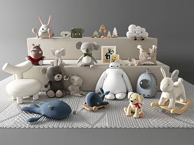 Adorable Plush Stuffed Toys Collection With Rabbit Elephant Bear Whale Dog And Rocking Horse For Kids Room 3d model