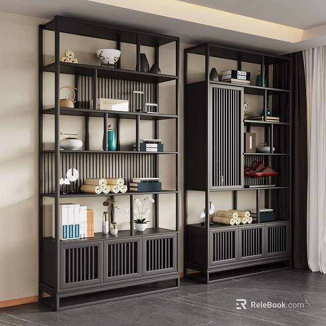 Modern Chinese Style Dark Wood Display Shelves With Ceramic Vases Books And Ornaments 3d model 