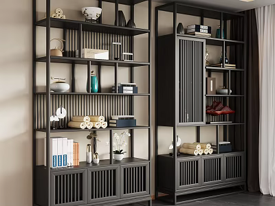 Modern Chinese Style Dark Wood Display Shelves With Ceramic Vases Books And Ornaments 3d model