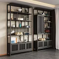 Modern Chinese Style Dark Wood Display Shelves With Ceramic Vases Books And Ornaments