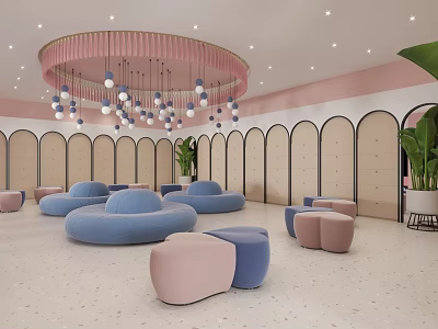 Modern SPA Sauna Lounge With Arched Doors Colored Sofas Green Plants And Chandelier 3d model