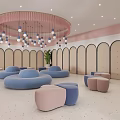 Modern SPA Sauna Lounge With Arched Doors Colored Sofas Green Plants And Chandelier