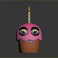 Pink Cupcake With Cartoon Face Eyes Eyelashes And Striped Candle With Yellow Flame