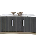 Modern Black Console Cabinet With Gold Vertical Stripes White Handles Marble Top And Wooden Bowls