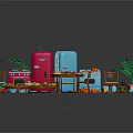 Kitchen Decorative Ornament Set With Red Blue Refrigerators Ovens Dining Table Chairs And Potted Plant