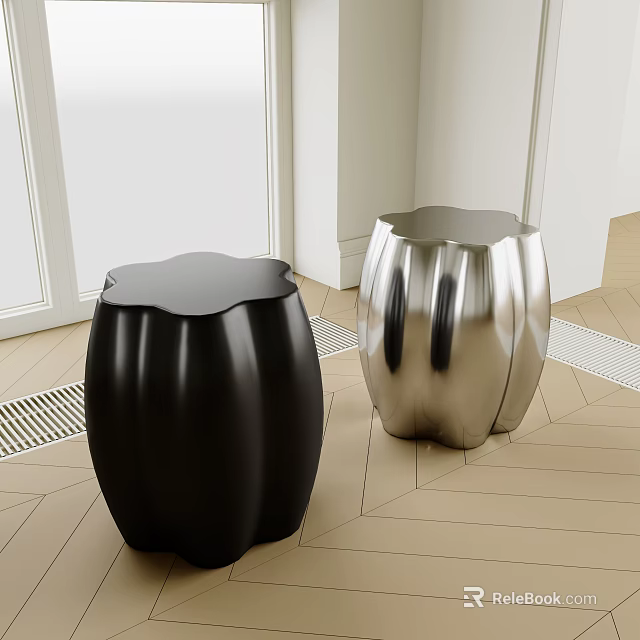 Modern Black and Silver Curved Stools in Indoor Space with Sleek Surface Design 3d model 