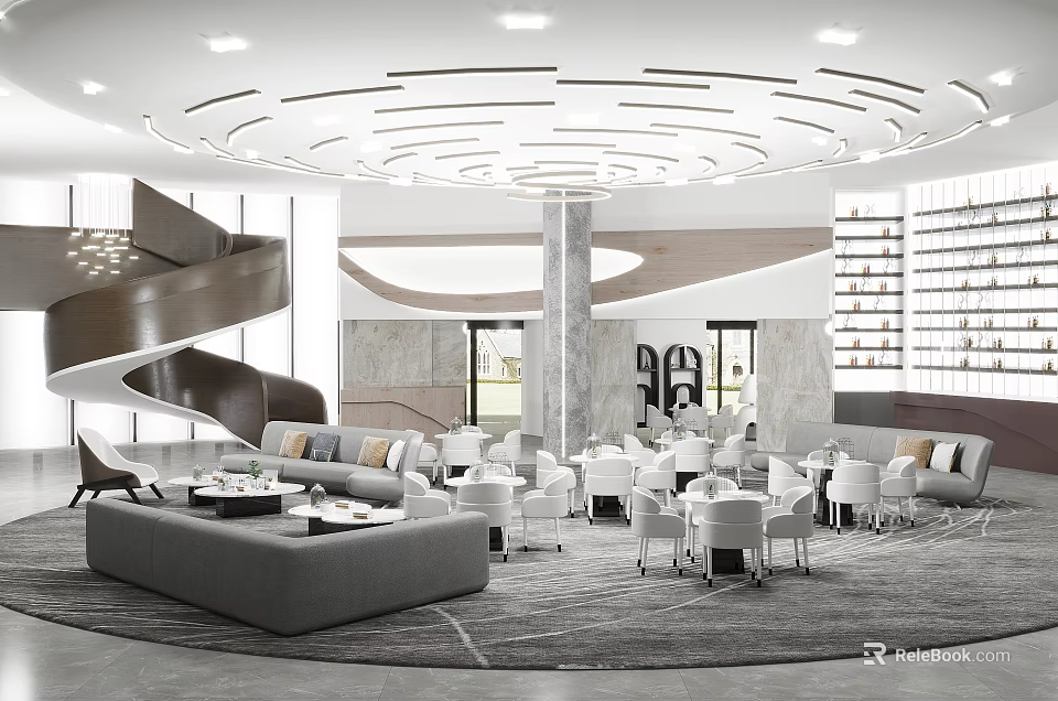 Modern Lounge Area Interior Design With Spiral Staircase Circular Ceiling And Sofa Seating 3d model 
