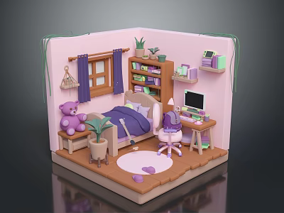 Cozy Pink Small Room Interior With Bed Desk Bookshelf Teddy Bear And Plants 3d model