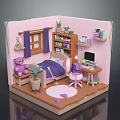 Cozy Pink Small Room Interior With Bed Desk Bookshelf Teddy Bear And Plants