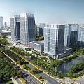 Modern Office Complex with Glass Curtain Walls Greenery and Water Feature in Urban Area