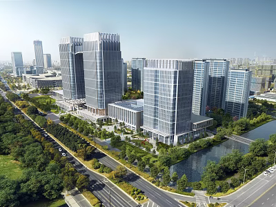 Modern Office Complex with Glass Curtain Walls Greenery and Water Feature in Urban Area 3d model