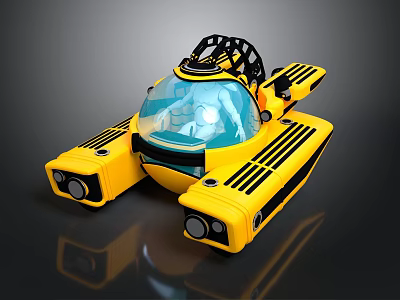 Yellow Futuristic Underwater Submersible With Transparent Cockpit Black Stripes And Mechanical Structure 3d model