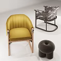 Modern Accent Chairs In Yellow And Patterned Fabric With Wooden Frames And Ottoman