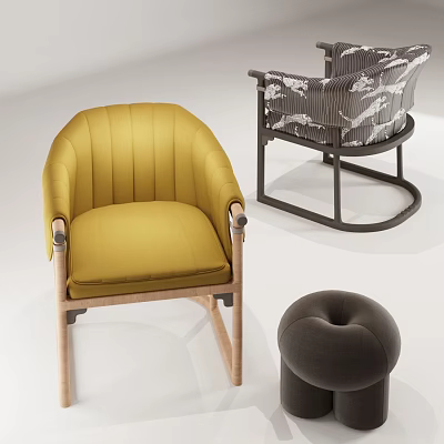 Modern Accent Chairs In Yellow And Patterned Fabric With Wooden Frames And Ottoman 3d model