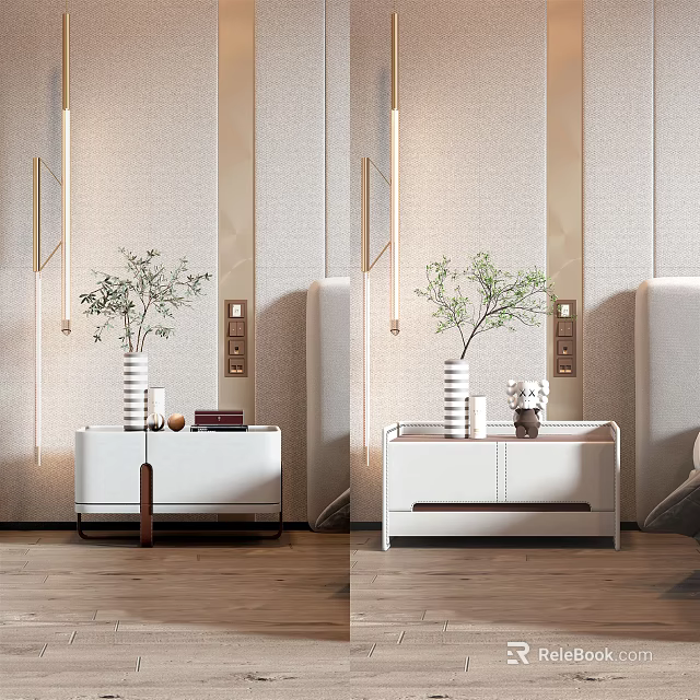 Modern White Bedside Table With Wooden Legs And Decorative Vase Items 3d model 