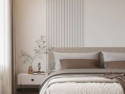Modern Minimalist Bedroom Interior with Striped Accent Wall Beige Bed Pillows Nightstand Green Plant Curtains 3d model