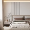 Modern Minimalist Bedroom Interior with Striped Accent Wall Beige Bed Pillows Nightstand Green Plant Curtains