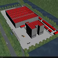 Industrial Factory Building With Red And White Roof Near River And Surrounding Green Trees