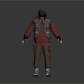 A Man wearing red hoodie gray vest brown pants white shoes blue hat red mask