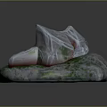 Natural Stone Surface With Green Moss And Plastic Wrapped Ice Cubes On Top