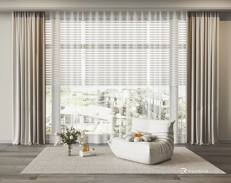 Floor to Ceiling Curtains with Window Blinds in Cozy Living Room Interior with Outside View 3d model 