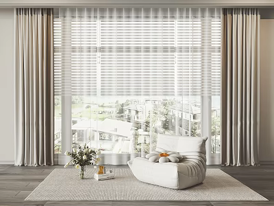 Floor to Ceiling Curtains with Window Blinds in Cozy Living Room Interior with Outside View 3d model