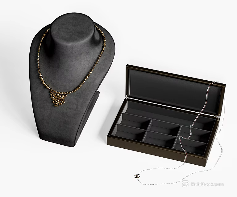 Elegant Gold Necklace On Black Jewelry Mannequin With Open Black Jewelry Box And Compartments 3d model 