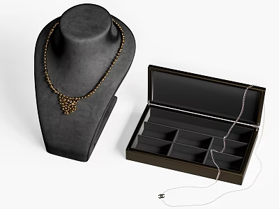 Elegant Gold Necklace On Black Jewelry Mannequin With Open Black Jewelry Box And Compartments 3d model