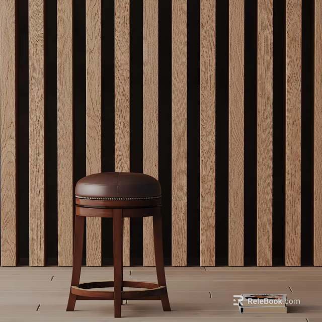 Stylish Bar Stool Featuring Brown Leather Seat And Dark Wooden Legs By Striped Wooden Wall 3d model 