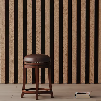 Stylish Bar Stool Featuring Brown Leather Seat And Dark Wooden Legs By Striped Wooden Wall 3d model