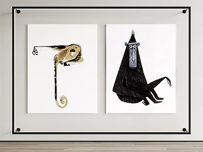 Two Framed Animal Paintings Chameleon And Monkey Art For Interior Decor 3d model