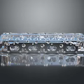 Metal Car Engine Cylinder Head with Holes and Bolts Placed on Smooth Black Reflective Surface