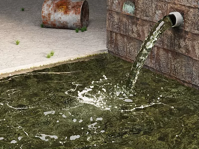 Polluted Water Draining From Pipe Into Puddle Near Rusty Barrel And Brick Wall 3d model